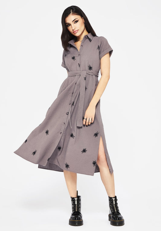 Stag Beetle Embroidered Midi Shirt Dress