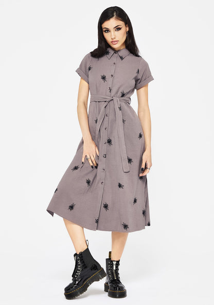 Stag Beetle Embroidered Midi Shirt Dress