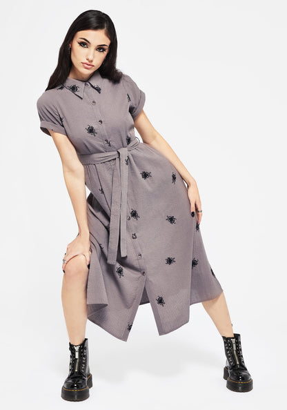 Stag Beetle Embroidered Midi Shirt Dress