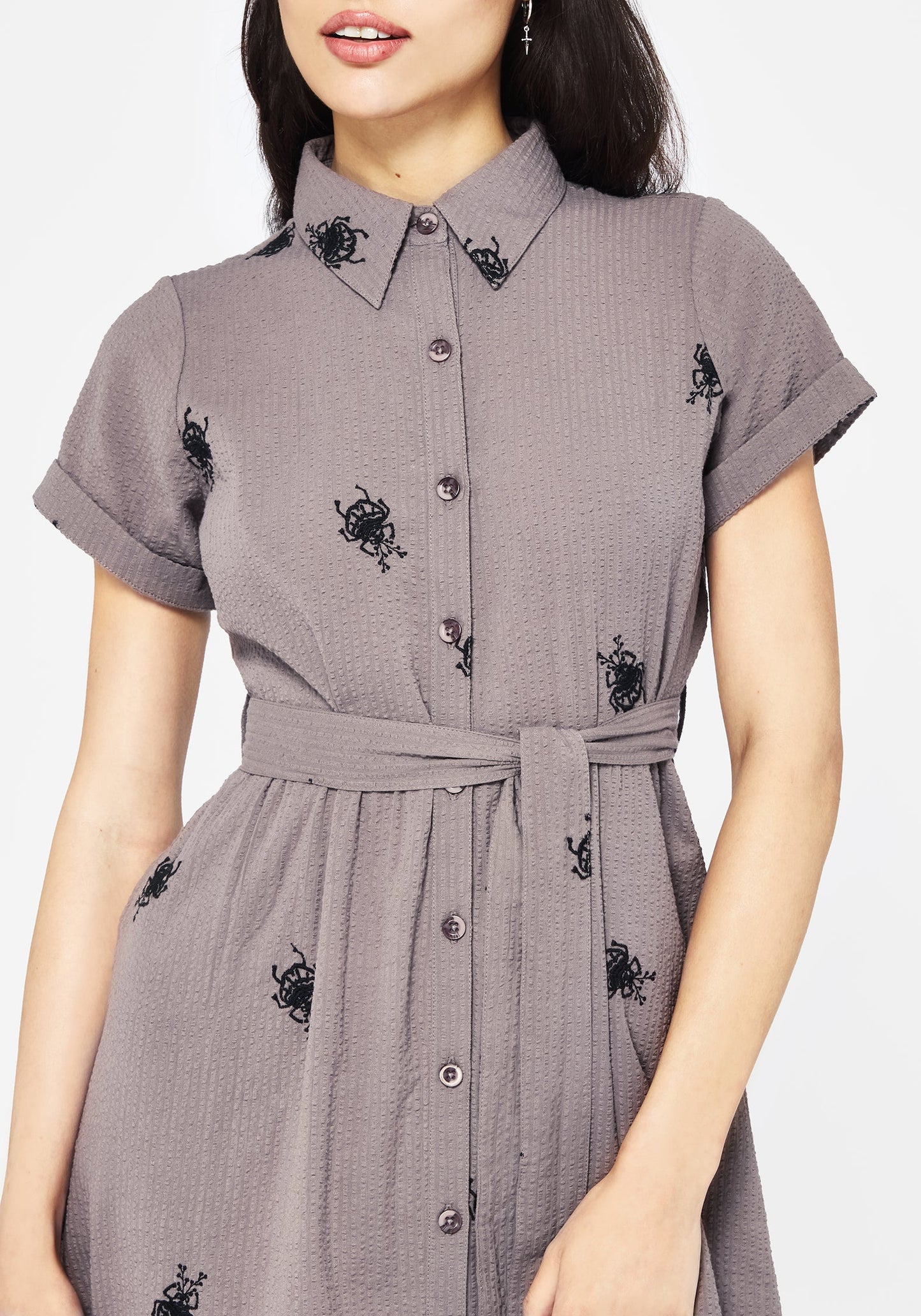 Stag Beetle Embroidered Midi Shirt Dress