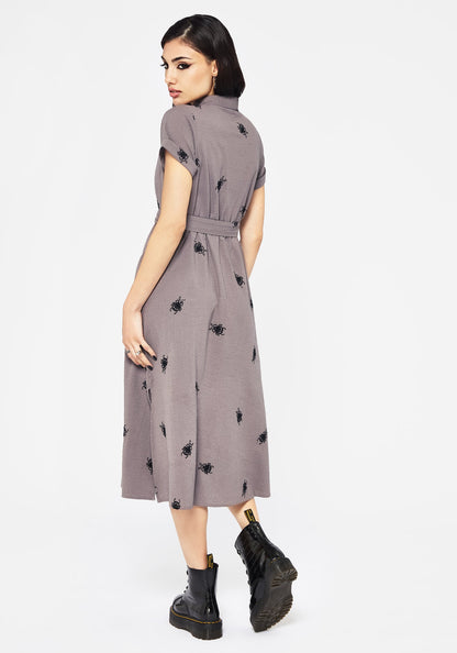 Stag Beetle Embroidered Midi Shirt Dress