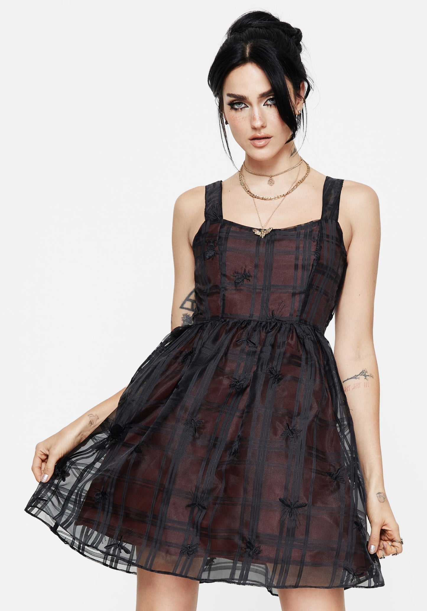 Sedona Organza Check Embroidered Mini Dress
