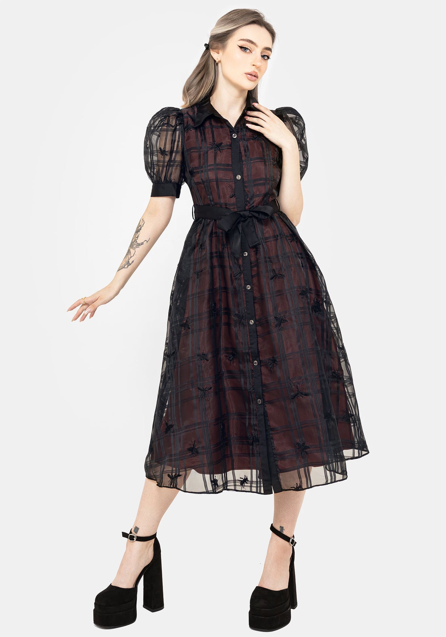 Sedona Organza Check Embroidered Puff Sleeve Midi Shirt Dress