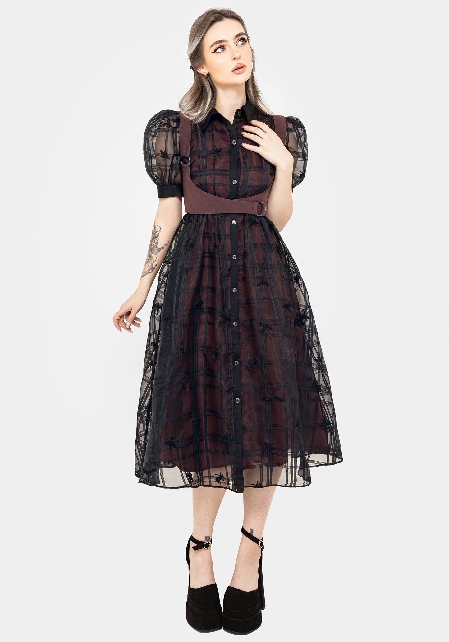 Sedona Organza Check Embroidered Puff Sleeve Midi Shirt Dress