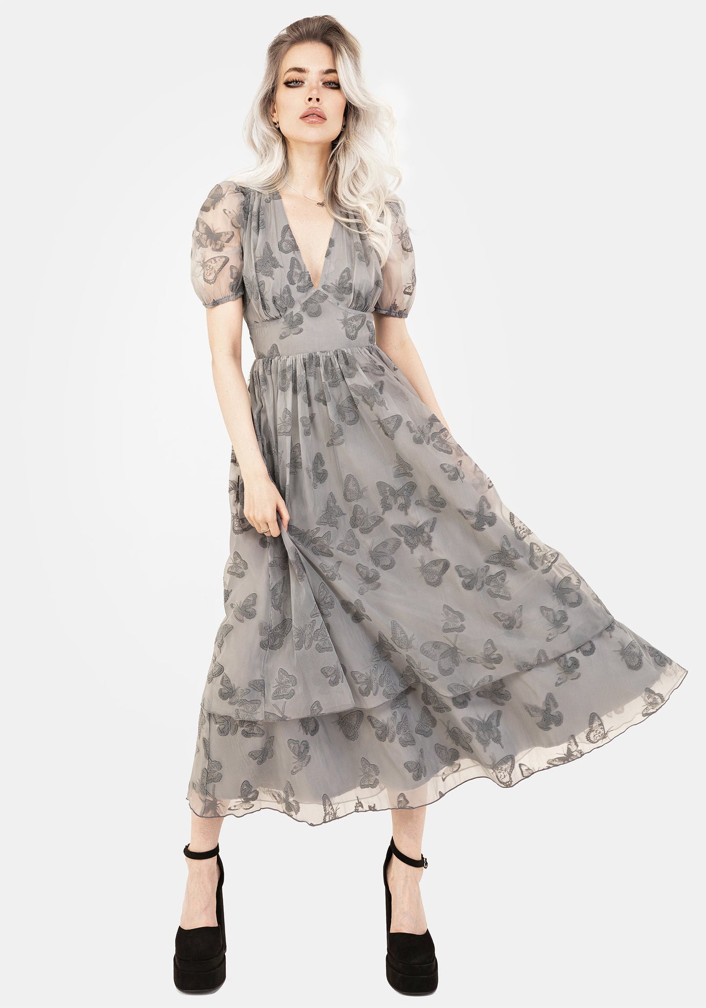 Vanessa Butterfly Print Organza Puff Sleeve Midaxi Dress