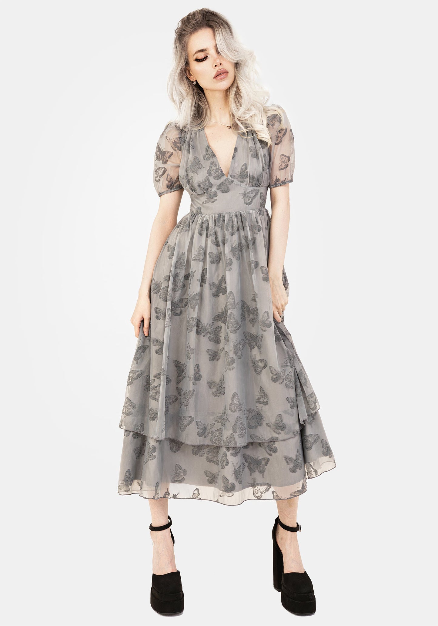 Vanessa Butterfly Print Organza Puff Sleeve Midaxi Dress