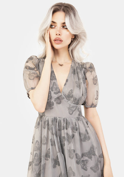 Vanessa Butterfly Print Organza Puff Sleeve Midaxi Dress