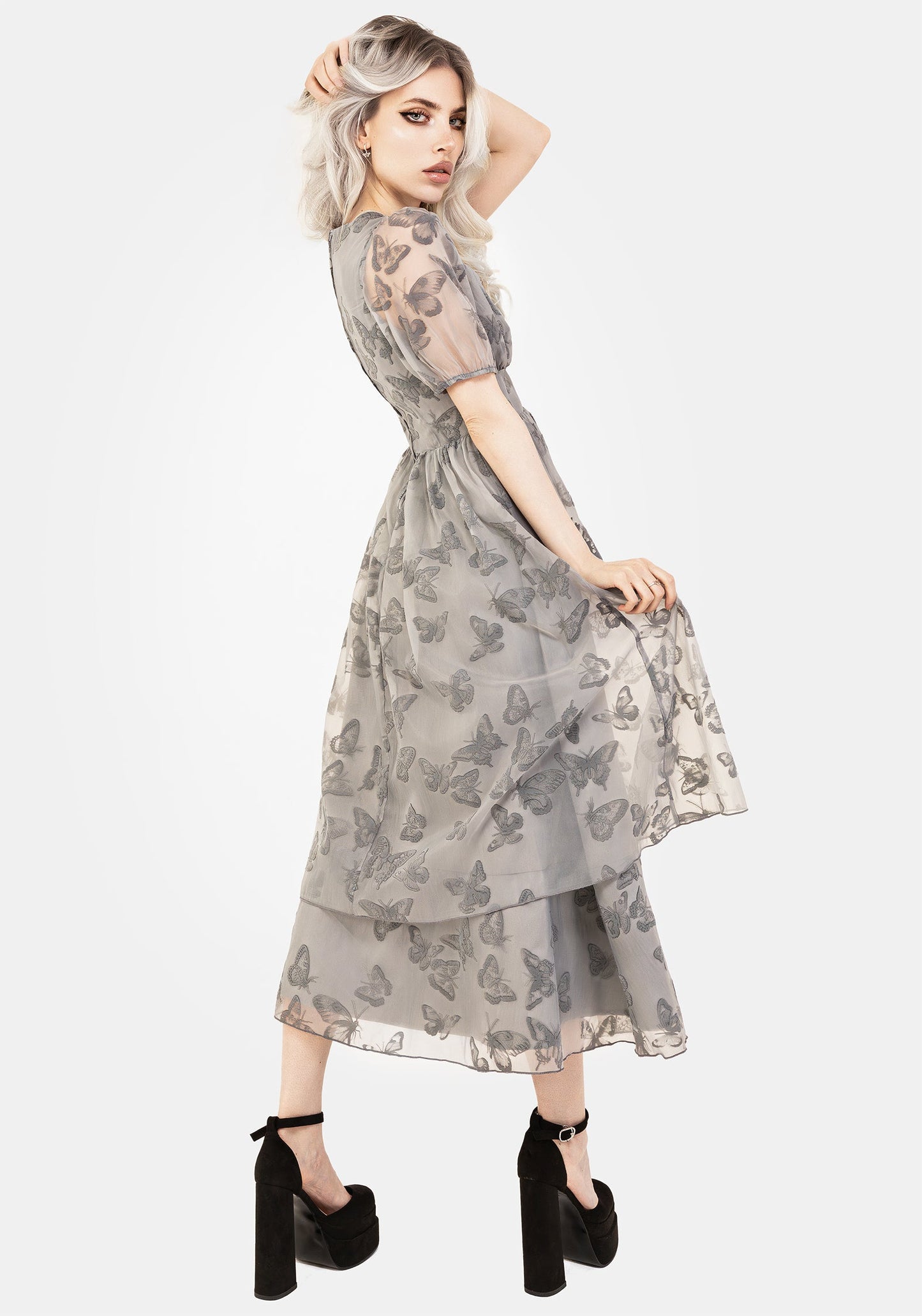 Vanessa Butterfly Print Organza Puff Sleeve Midaxi Dress