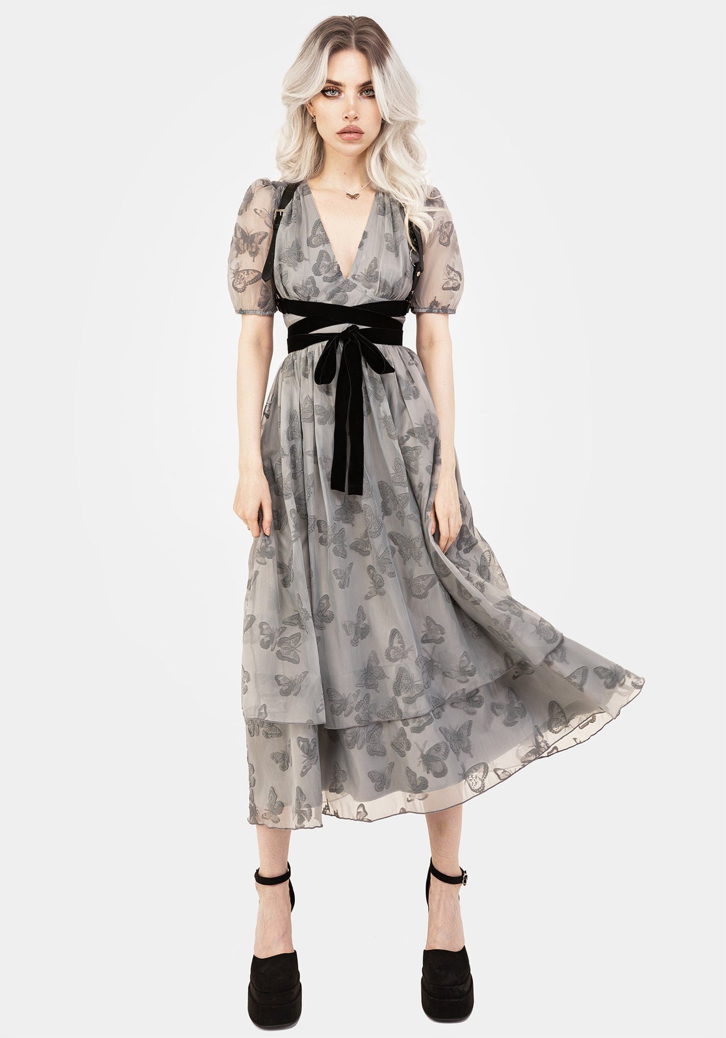 Vanessa Butterfly Print Organza Puff Sleeve Midaxi Dress
