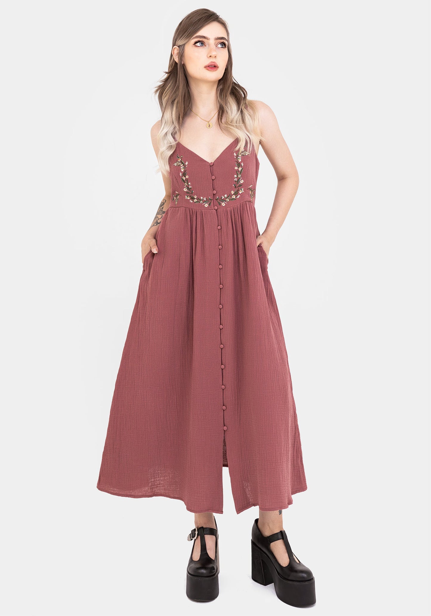 Abundance Cotton Floral Embroidered Bodice Cami Midaxi Dress