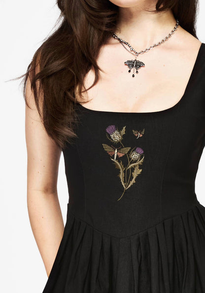 Despair Thistle Embroidered Corset Bodice Pleated Mini Dress