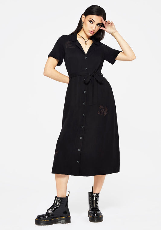 Fairfolk Floral Embroidery Tie Waist Button Down Midi Shirt Dress