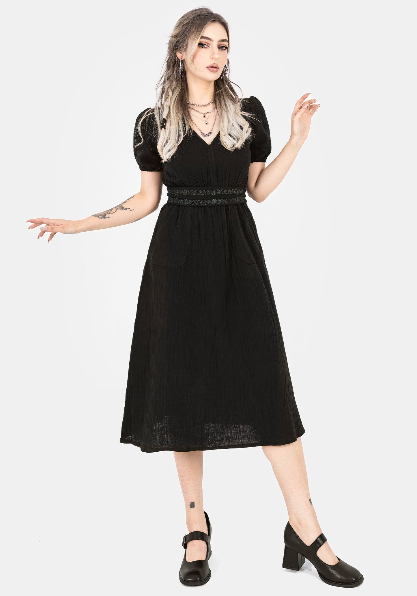 Poultice Embroidered Cotton Midi Dress - Black