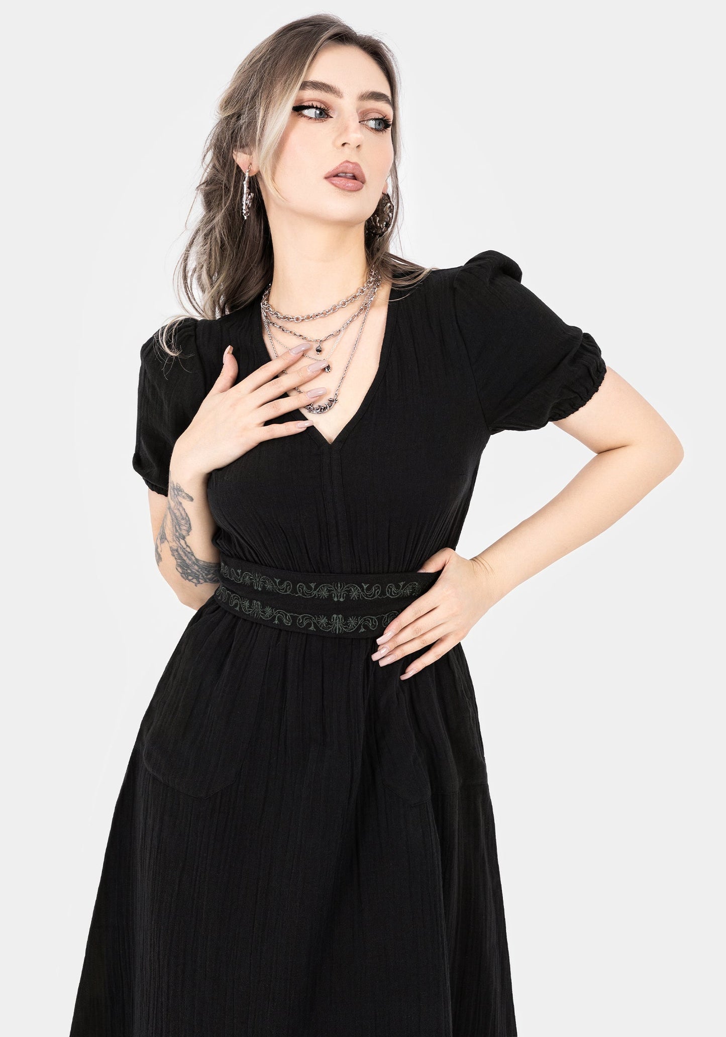 Poultice Embroidered Cotton Midi Dress - Black