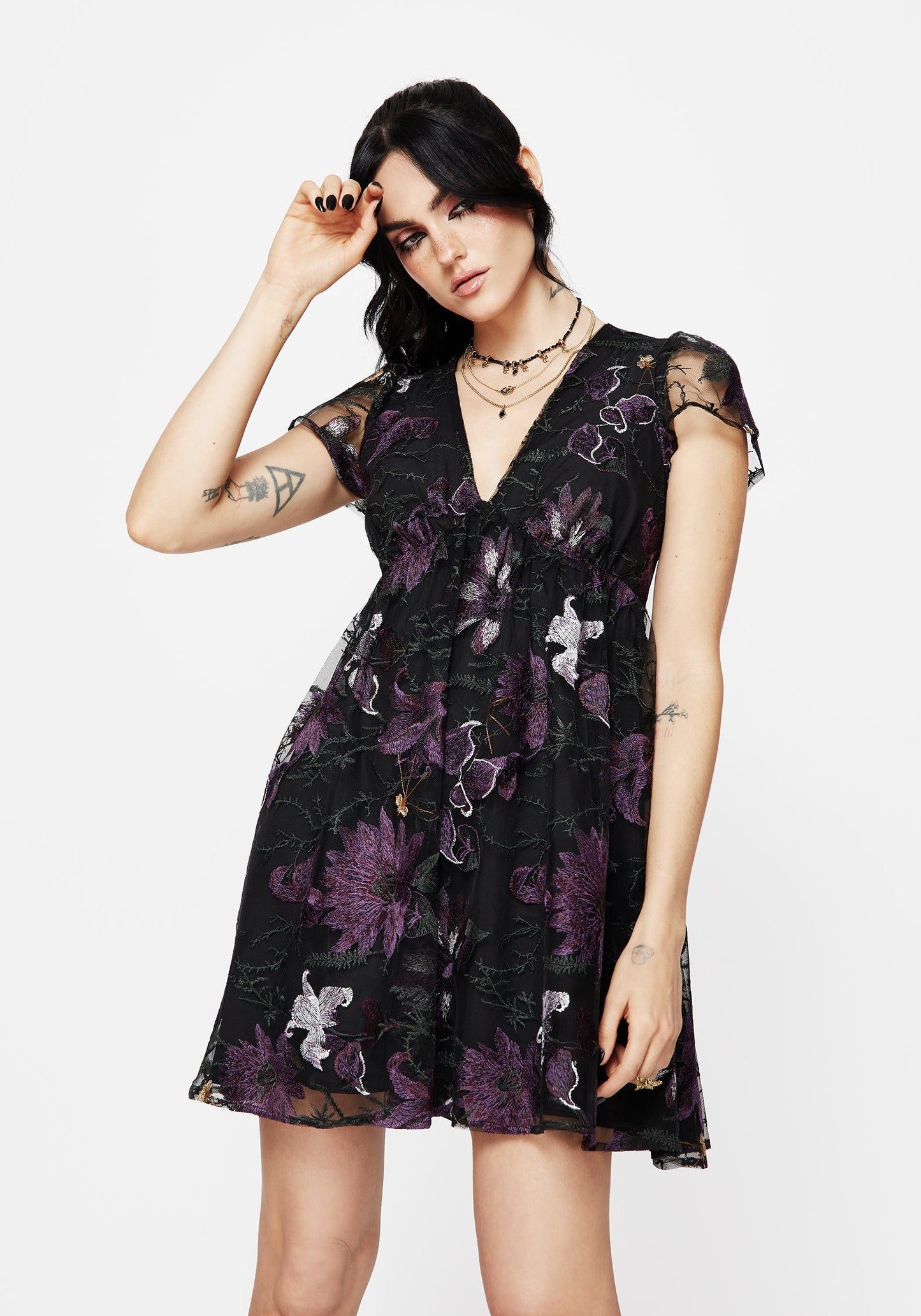 Estrid Embroidered Mesh Flute Sleeve Mini Dress
