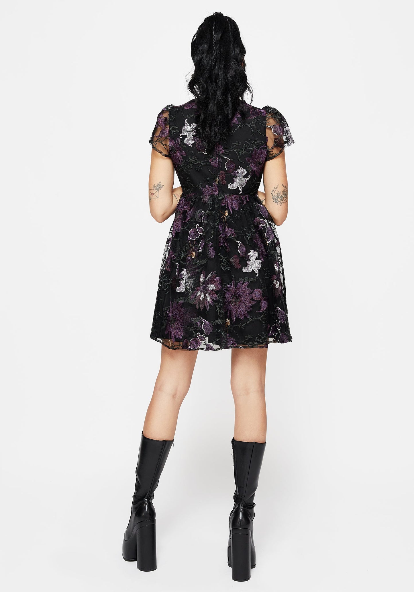Estrid Embroidered Mesh Flute Sleeve Mini Dress