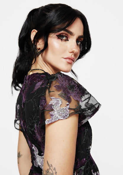 Estrid Embroidered Mesh Flute Sleeve Mini Dress