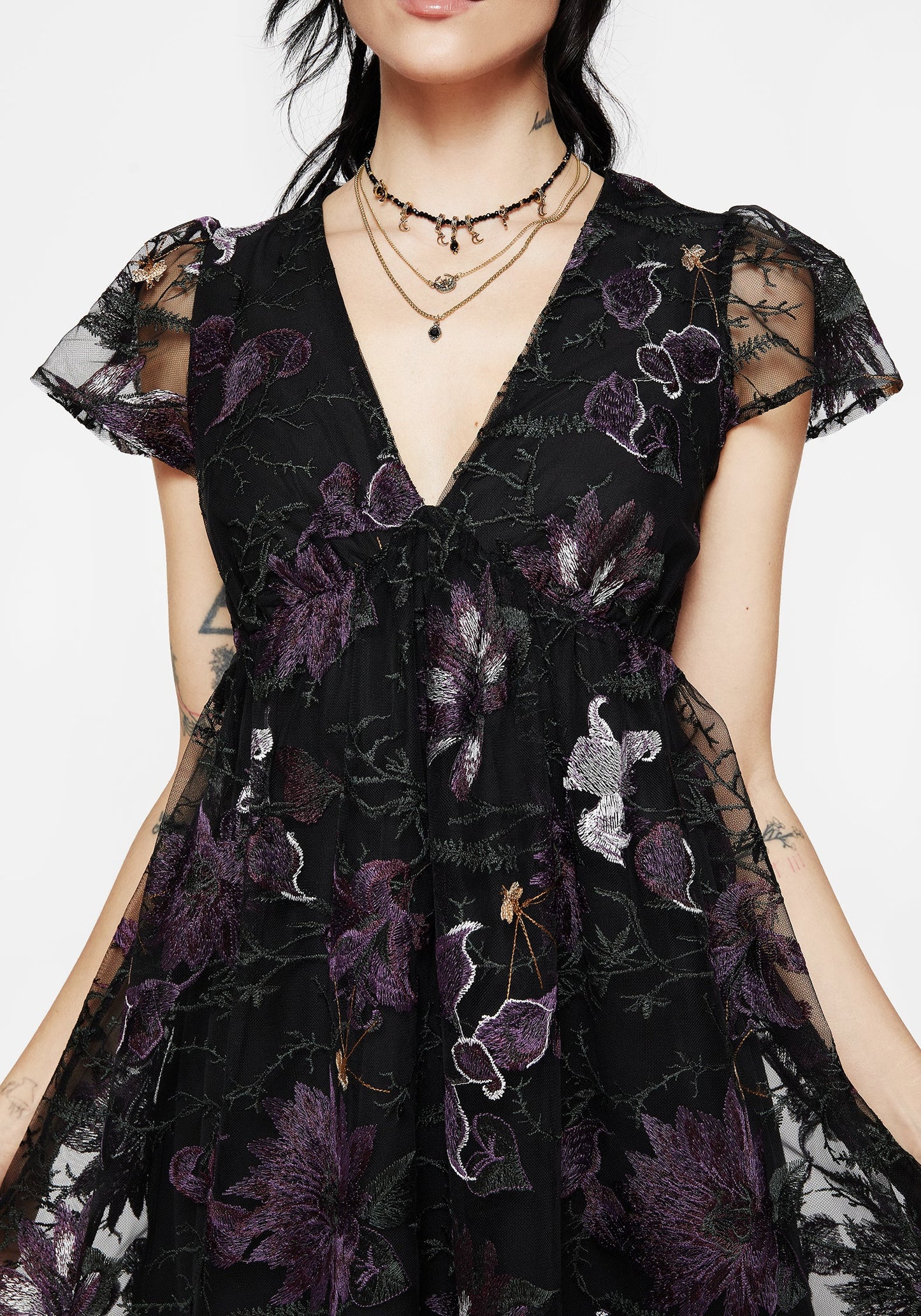 Estrid Embroidered Mesh Flute Sleeve Mini Dress