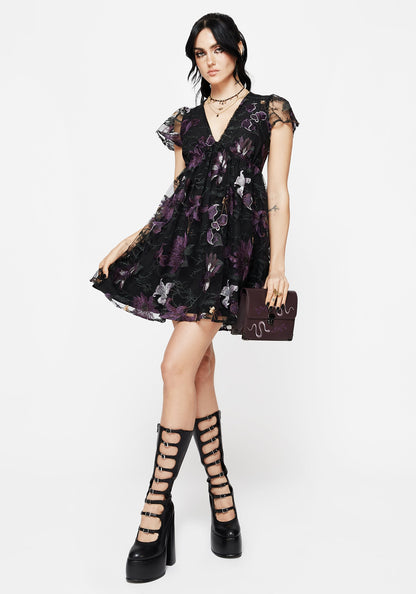 Estrid Embroidered Mesh Flute Sleeve Mini Dress