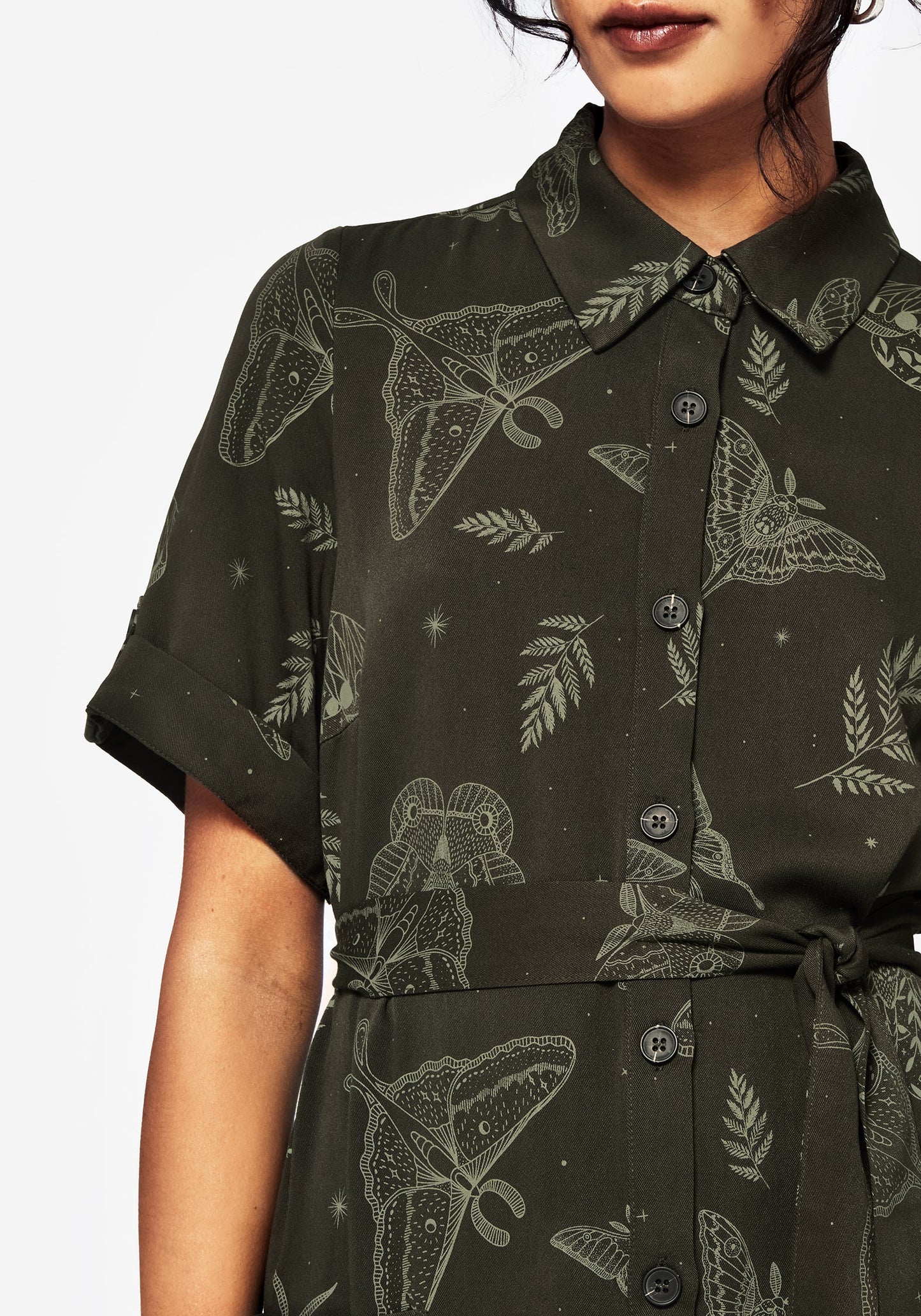 Callopistria Moth Print Midi Shirt Dress - Green