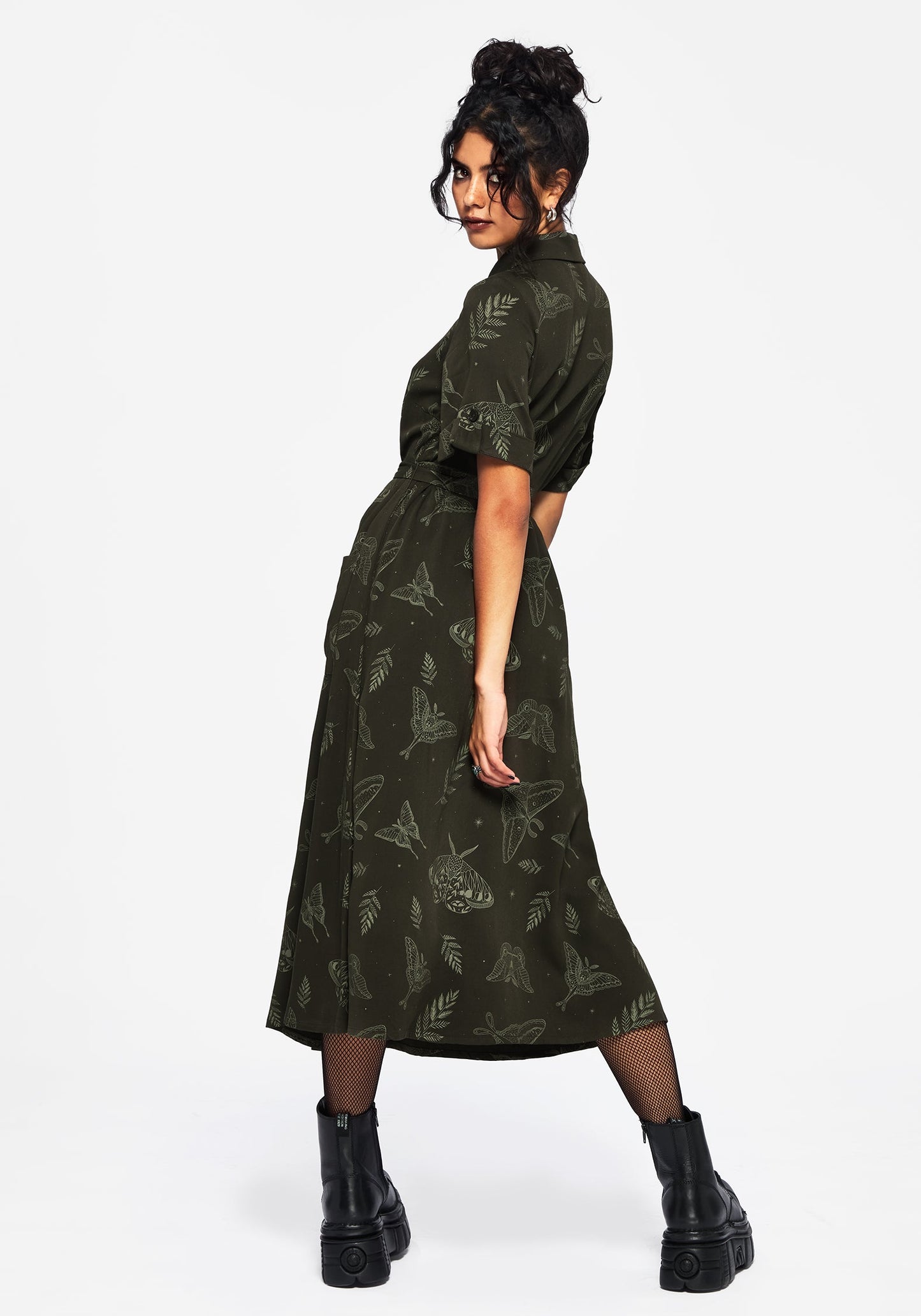 Callopistria Moth Print Midi Shirt Dress - Green