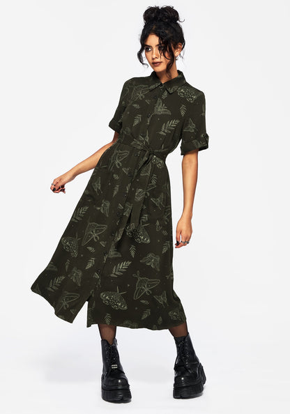 Callopistria Moth Print Midi Shirt Dress - Green