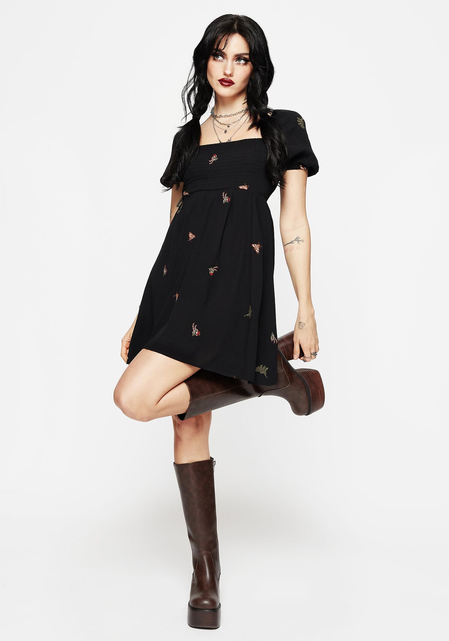 Copia Moth Embroidered Puff Sleeve Mini Dress