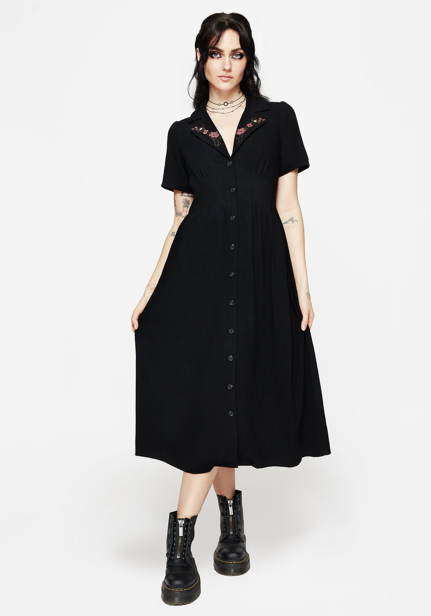 Aster Embroidered Collar Midi Shirt Dress