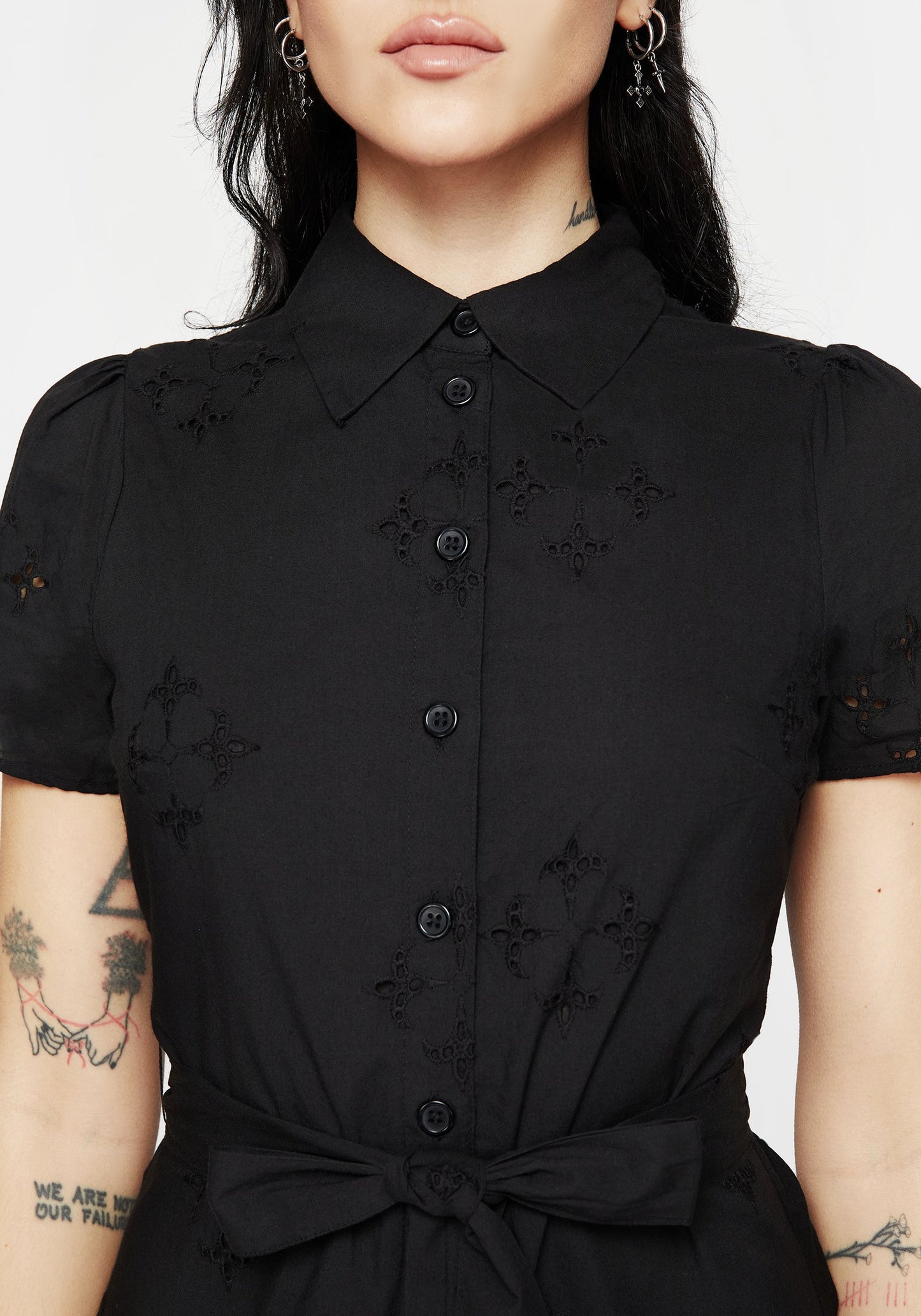 Crux Broderie Cotton Belted Mini Shirt Dress