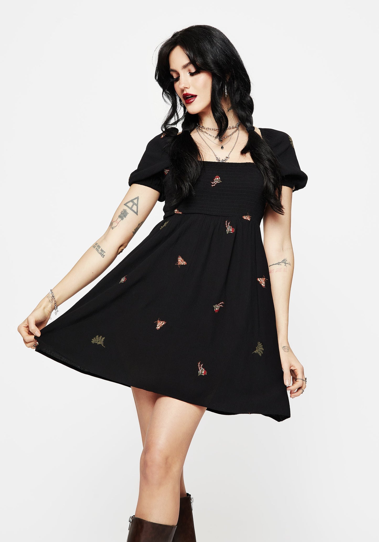 Copia Moth Embroidered Puff Sleeve Mini Dress
