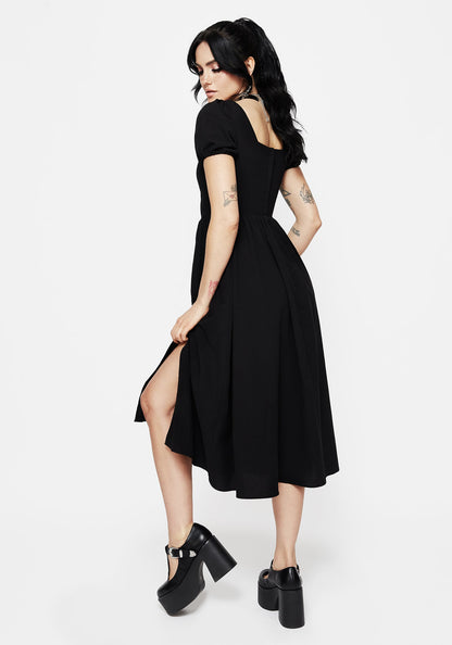 Copia Moth Embroidered Cotton Puff Sleeve Split Skirt Midi Dress