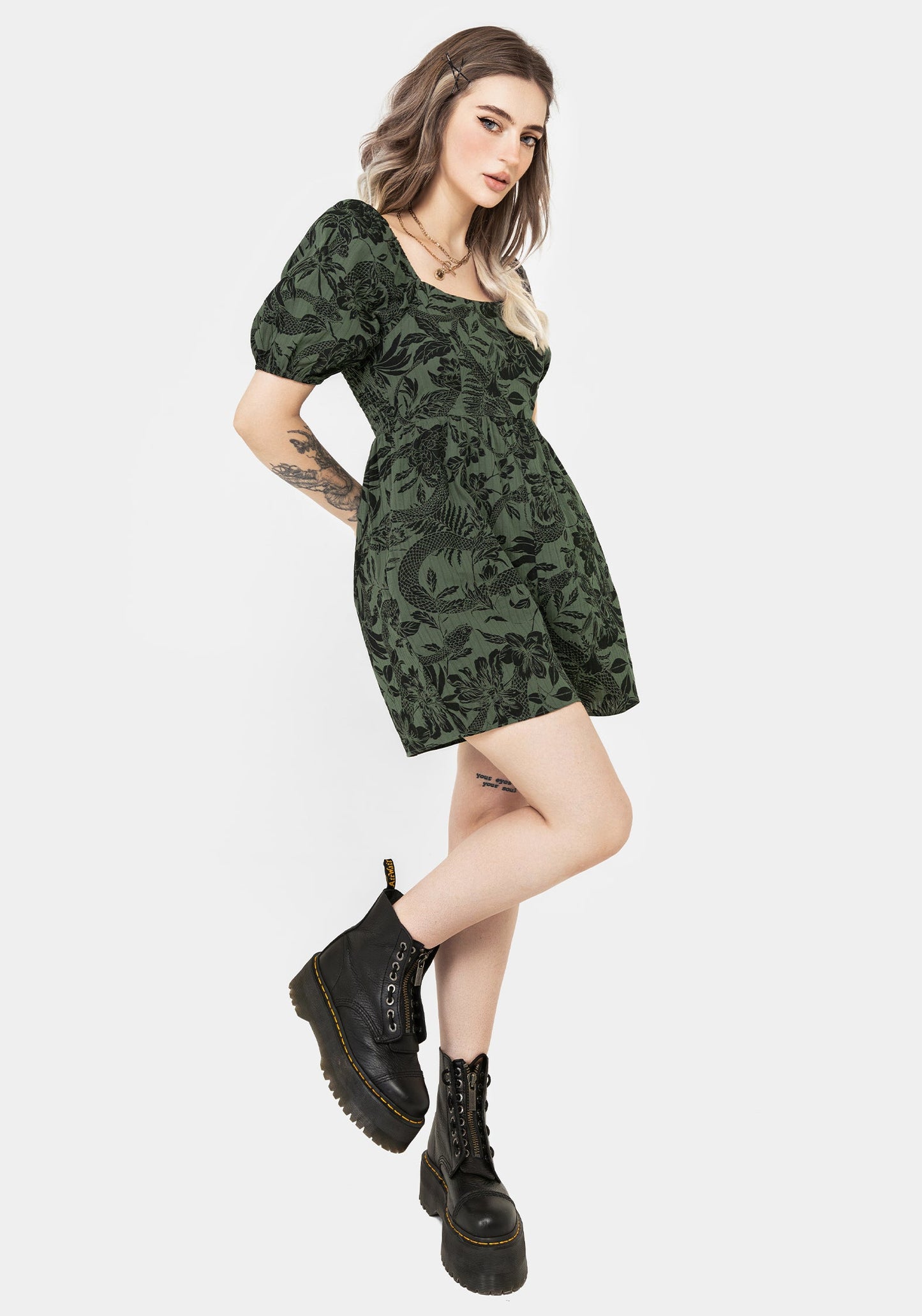 Bashe Cotton Puff Sleeve Playsuit - Green