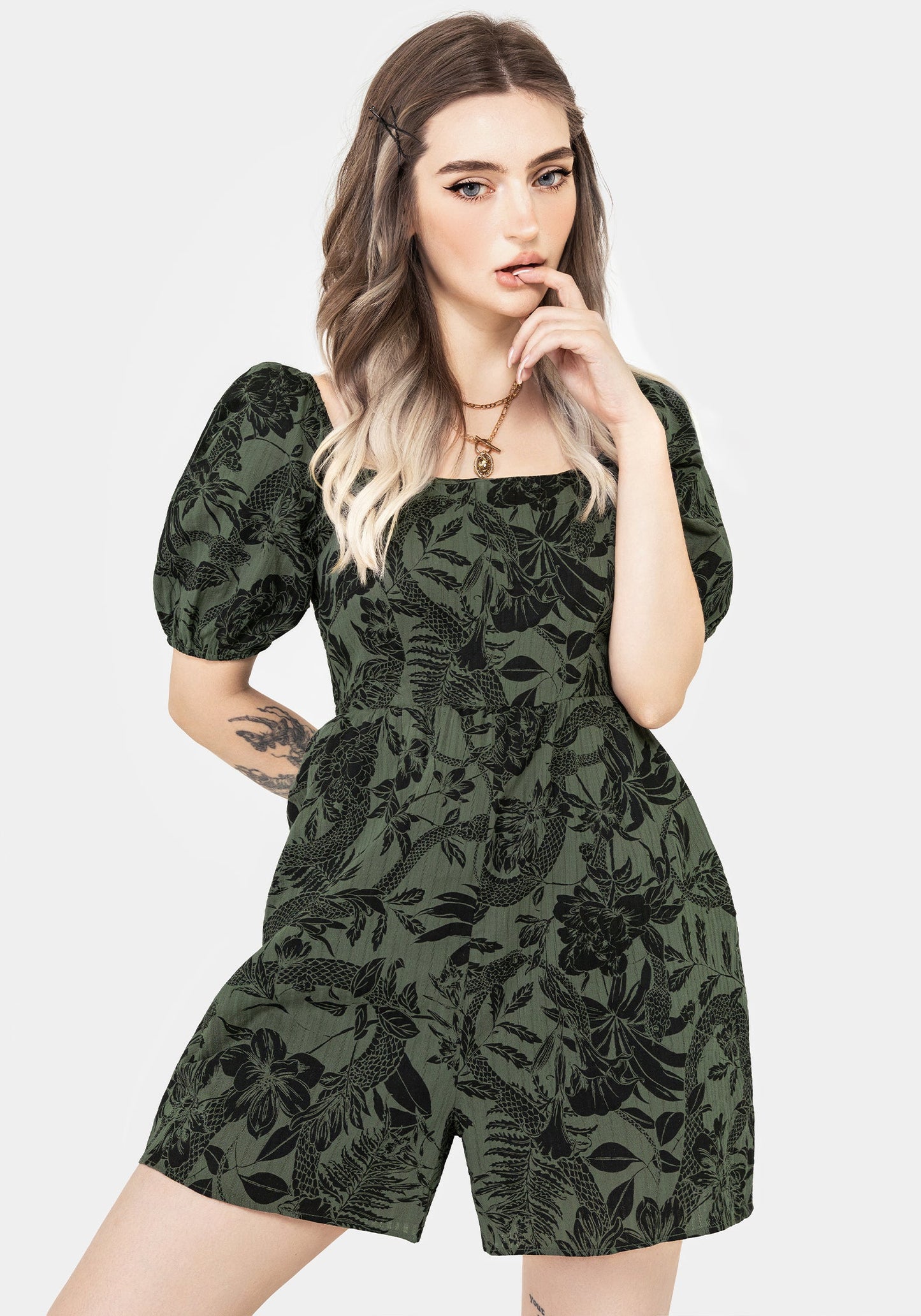 Bashe Cotton Puff Sleeve Playsuit - Green