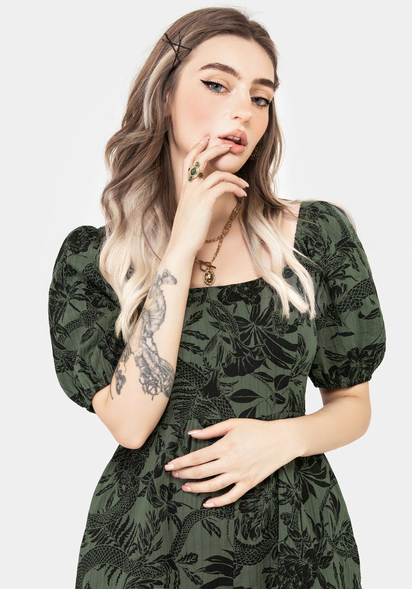 Bashe Cotton Puff Sleeve Playsuit - Green