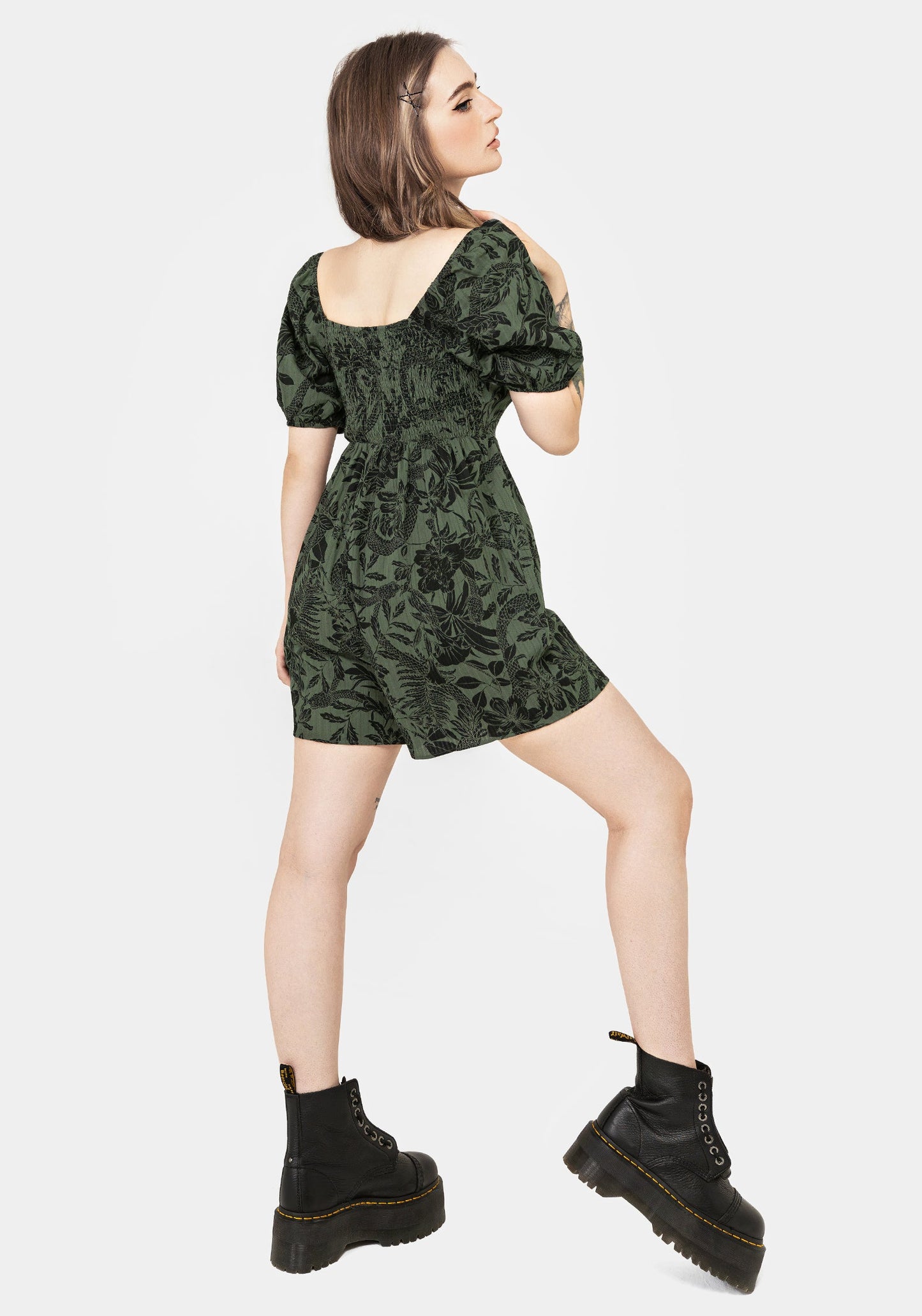 Bashe Cotton Puff Sleeve Playsuit - Green