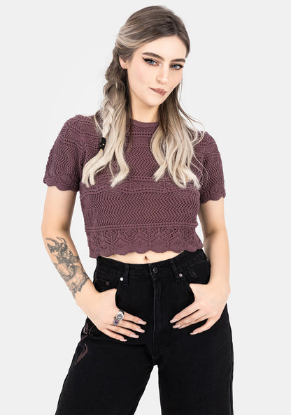 Hooked Pointelle Short Sleeve Crop Top - Purple