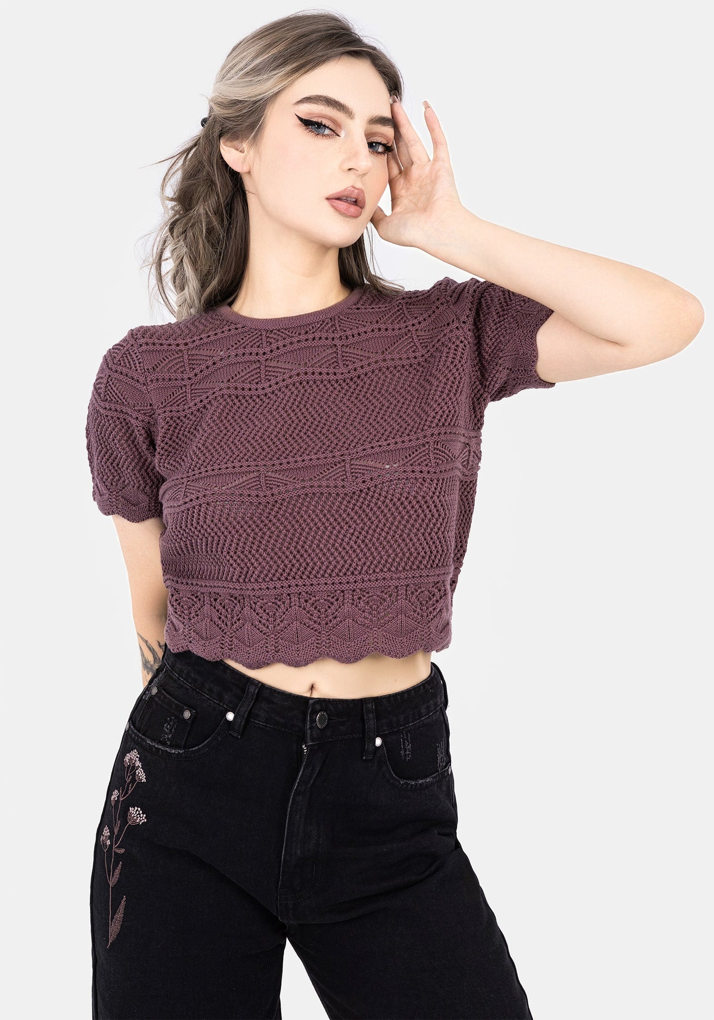 Hooked Pointelle Short Sleeve Crop Top - Purple