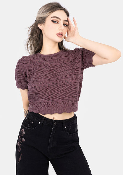 Hooked Pointelle Short Sleeve Crop Top - Purple