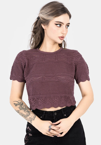Hooked Pointelle Short Sleeve Crop Top - Purple