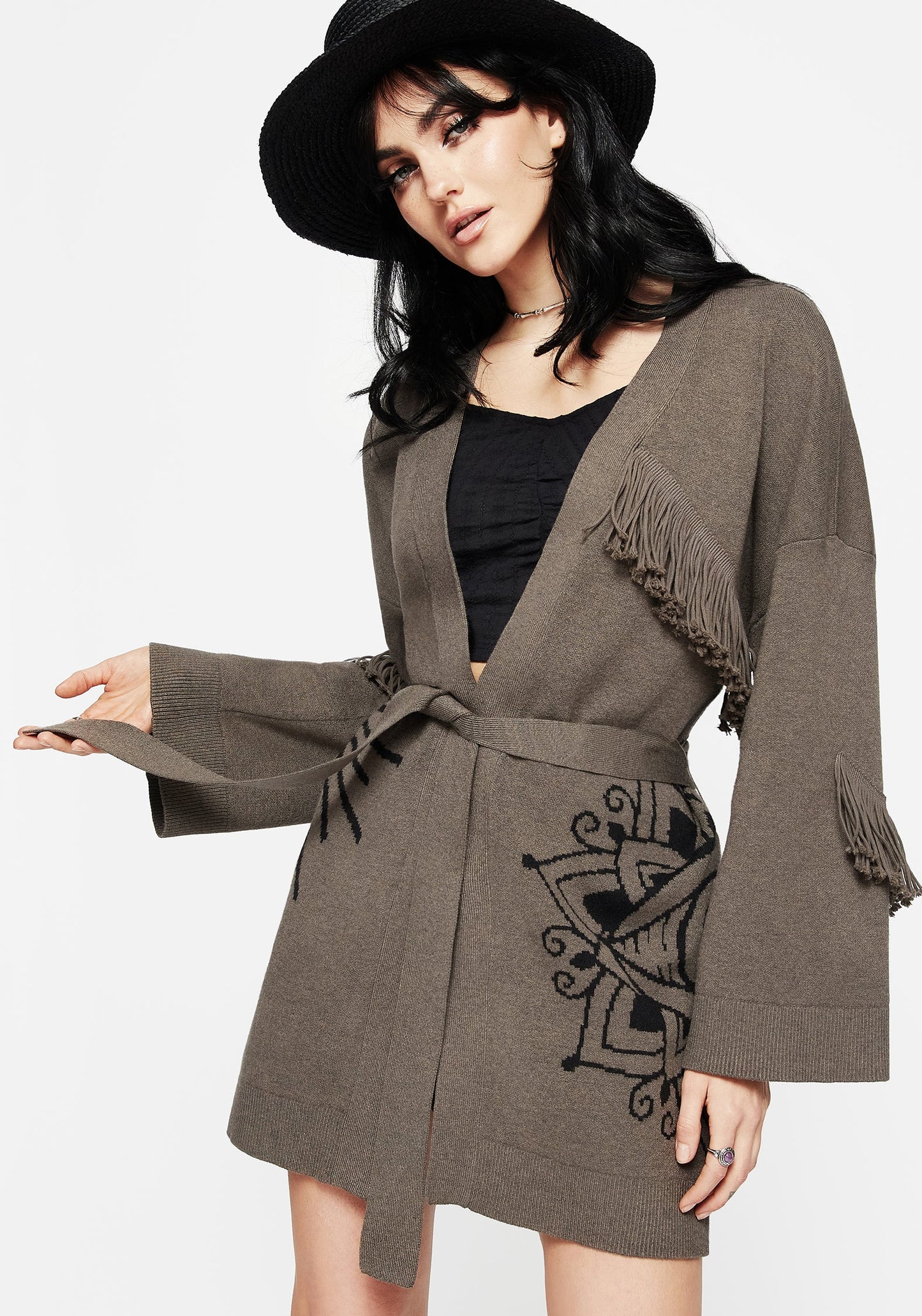 Iris Flare Sleeve Longline Fringe Knit Cardigan