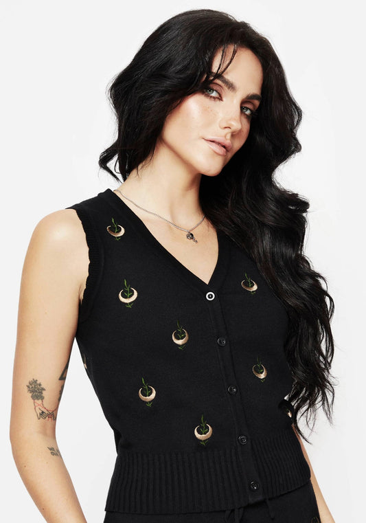 Liana Moon Leaf Embroidered Button Up Knit Vest