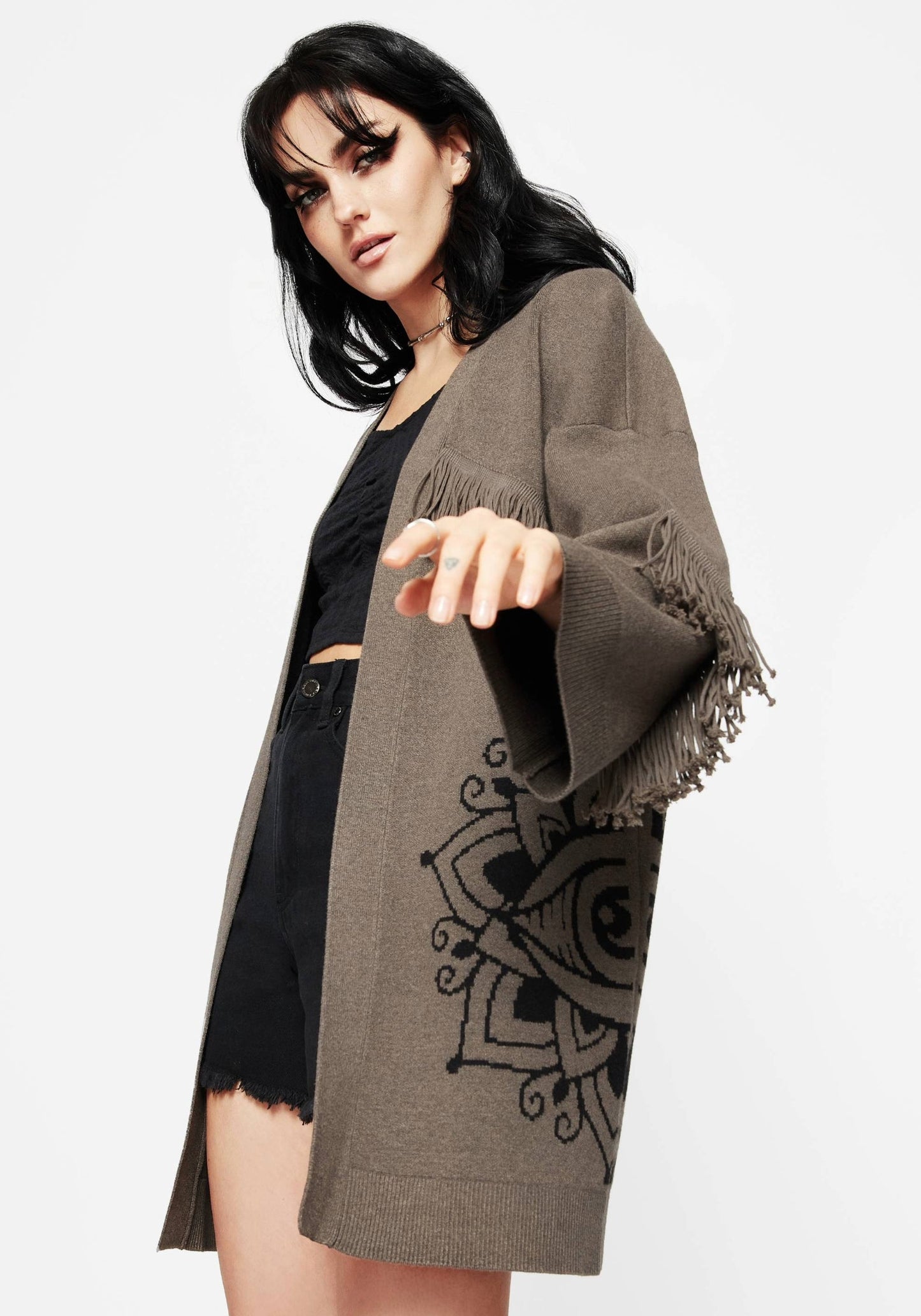 Iris Flare Sleeve Longline Fringe Knit Cardigan