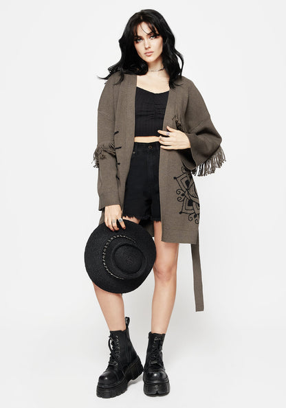 Iris Flare Sleeve Longline Fringe Knit Cardigan