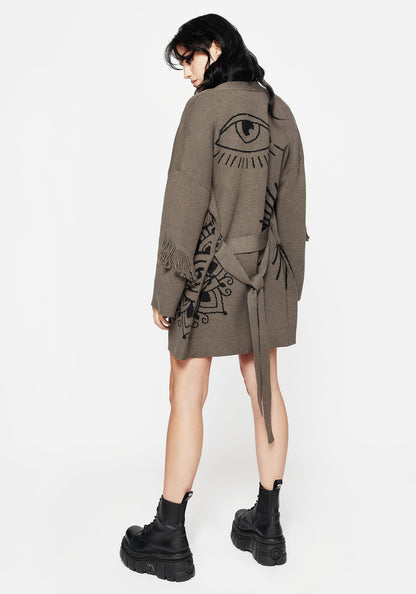 Iris Flare Sleeve Longline Fringe Knit Cardigan