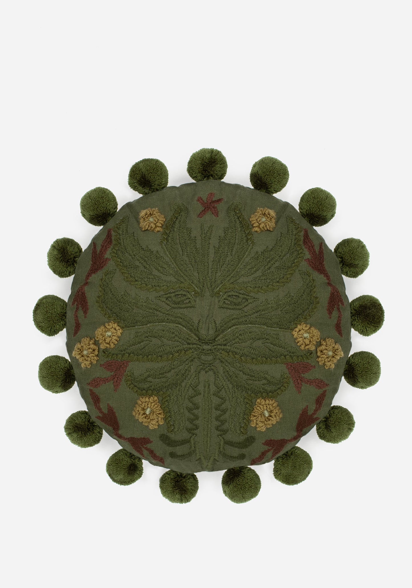 Foliate Embroidered Pom-Pom Round Cushion