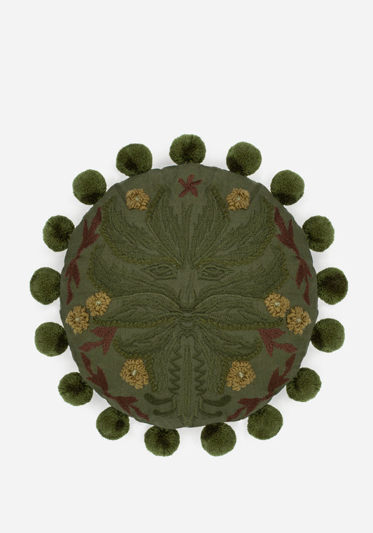 Foliate Embroidered Pom-Pom Round Cushion