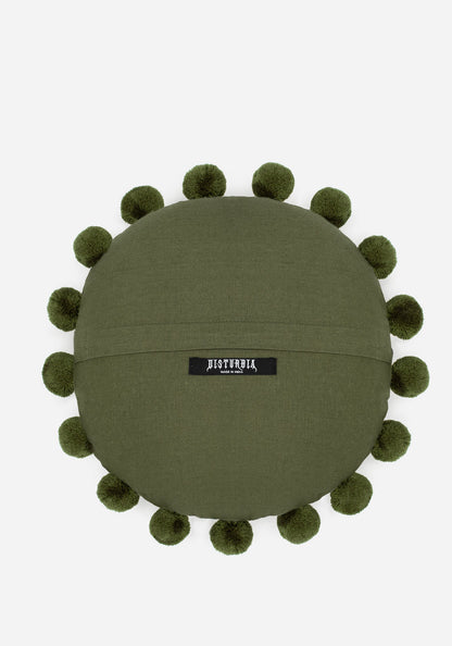 Foliate Embroidered Pom-Pom Round Cushion