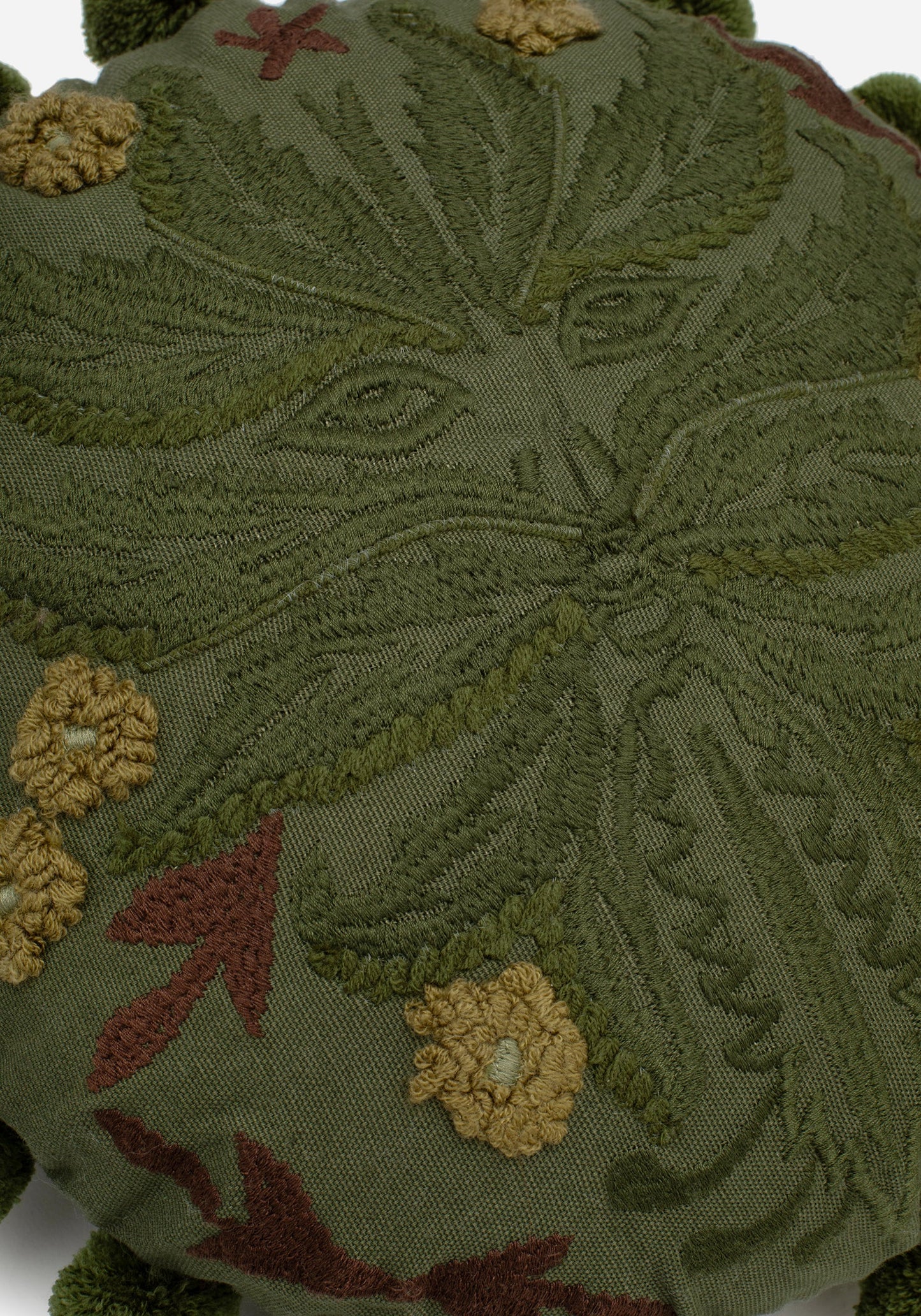 Foliate Embroidered Pom-Pom Round Cushion