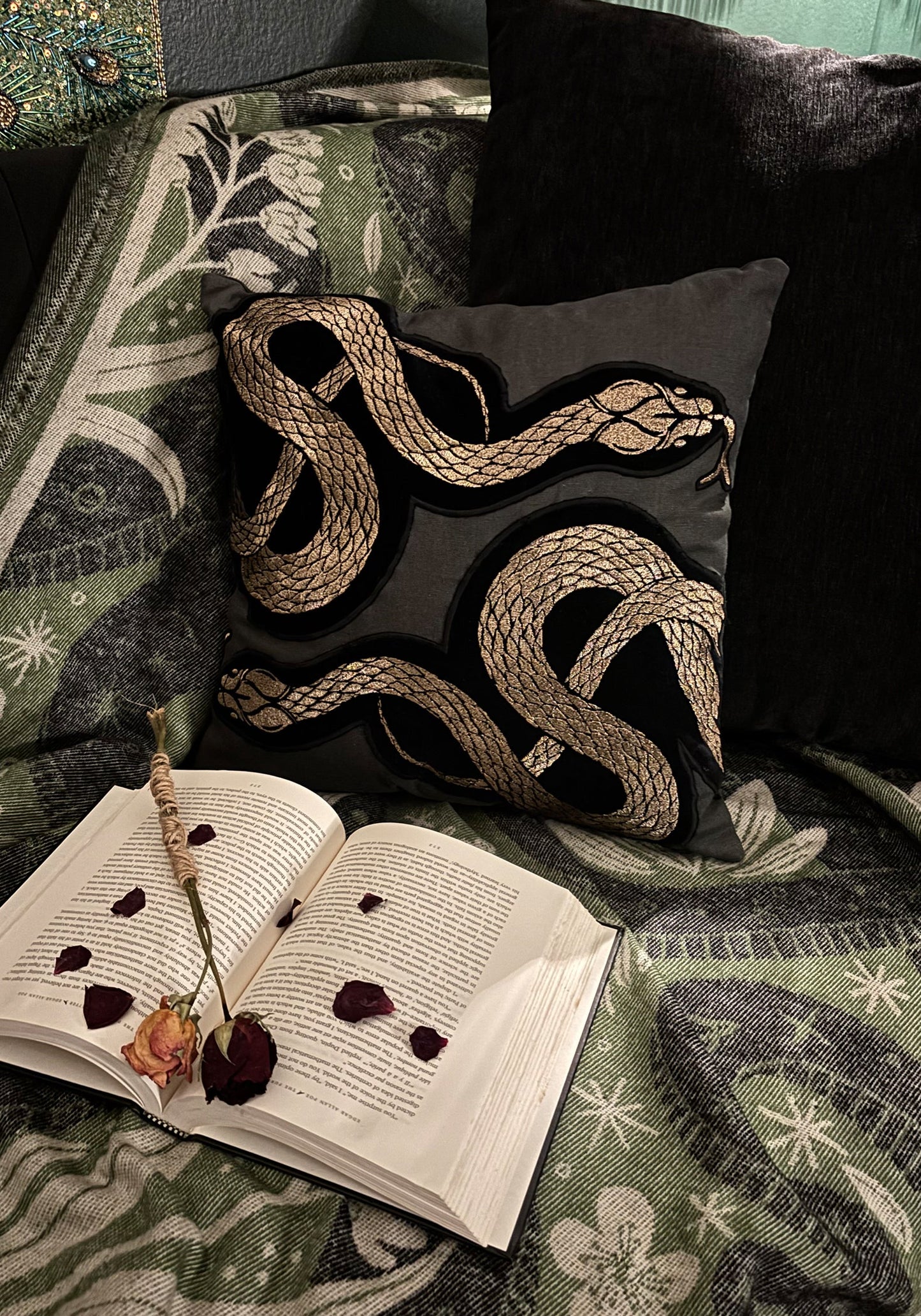 Zarina Snake Embroidered Velour Throw Cushion