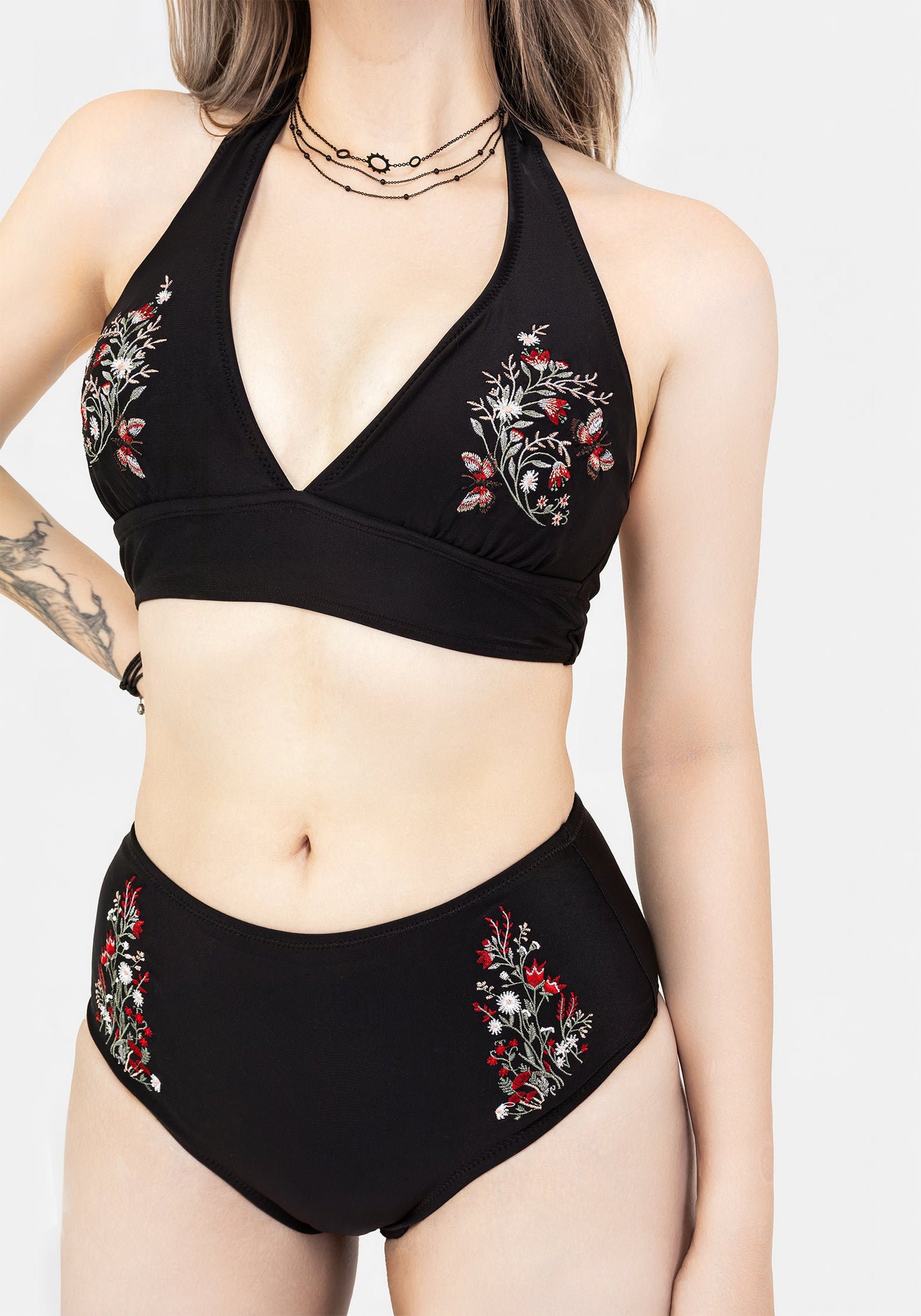 Copia Floral Embroidered High Waist Swim Bottoms